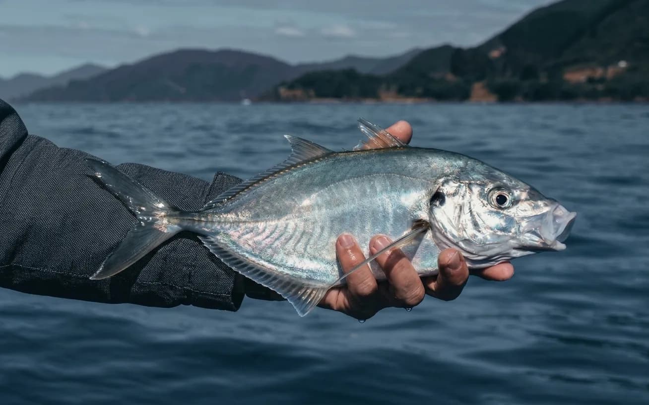 Angler holding a silver trevally on a boat in a New Zealand sound