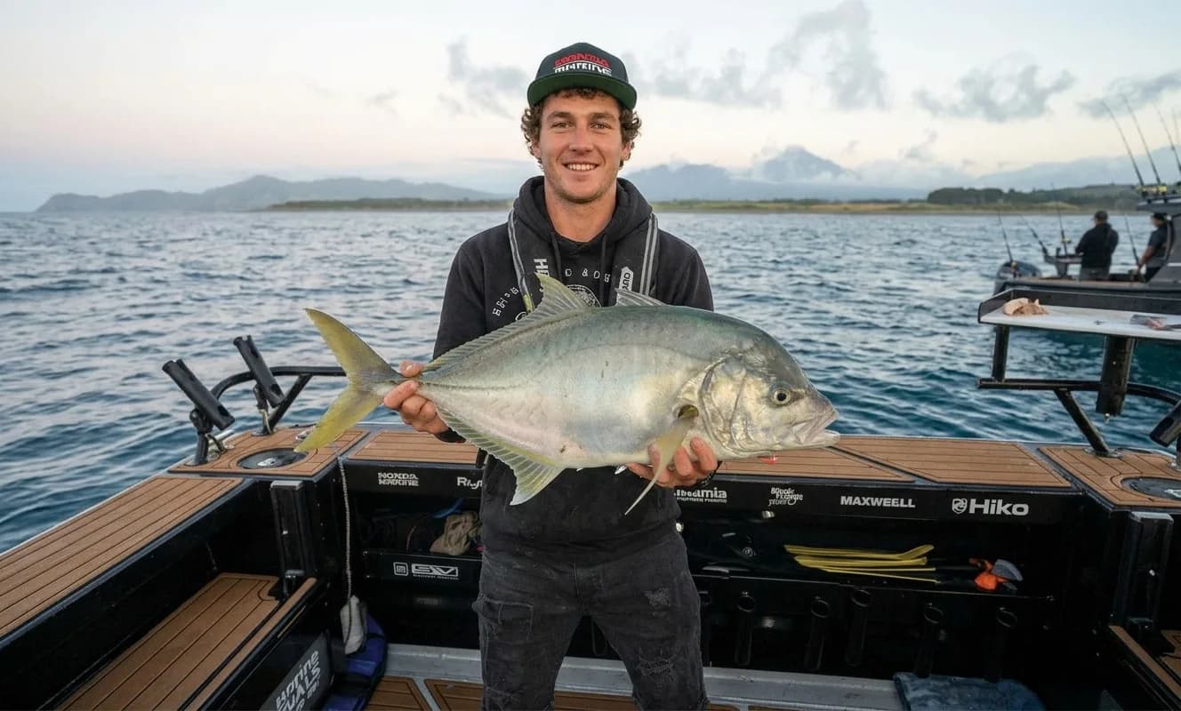 Angler holding a trevally on the deck of a fishing boat