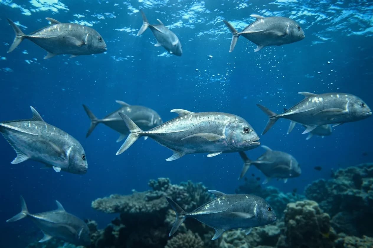 A school of trevally swimming over a reef
